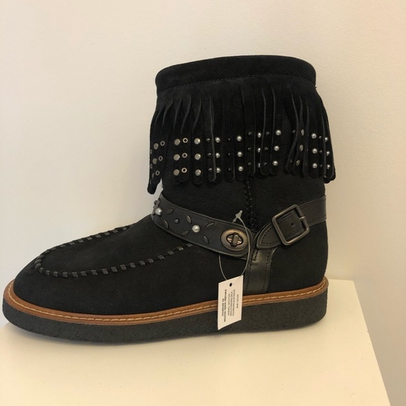Coach Roccasin Suede Shearling Lined Fringe Studded Boots Black Comfort NEW - Picture 1 of 7